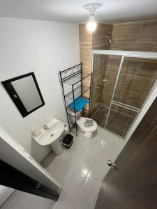 a bathroom with a shower and a toilet and a sink at Apartamento Completo Perfecto in Cartago