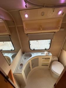 een kleine badkamer met toilet en wastafel bij Camper room bunde in Bunde