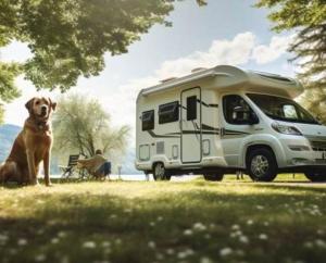 Een hond zit naast een camper. bij Camper room bunde in Bunde