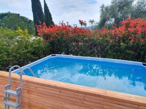 a swimming pool with a chair and some flowers at Poolside Apartment in Italian Villa in San Lorenzo al Mare