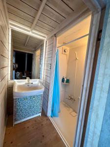 ein Badezimmer mit Waschbecken und Dusche in der Unterkunft Tiny Camp House Kurage - Vacation STAY 66334v in Kamijinoo + 17 Fotos