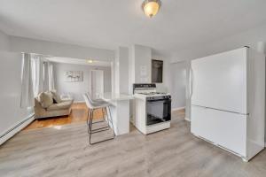 伍斯特Cozy One Bedroom Suite的白色的厨房配有柜台和冰箱