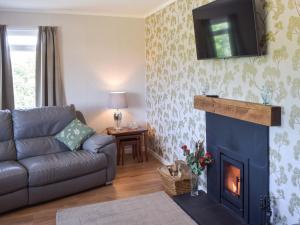 a living room with a couch and a fire place at Lilybank Cottage in Doularg