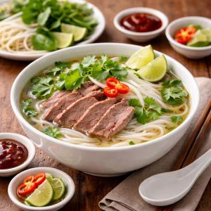 eine Schüssel Rindfleisch-Nudelsuppe mit Fleisch und Gemüse in der Unterkunft 绿色半岛酒店 in Bồ Sơn