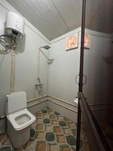 a small bathroom with a toilet and a shower at Yashraj Cottages in Jari
