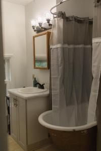 a bathroom with a sink and a shower curtain at Charming Spacious 3BR Pet-Friendly Retreat in Billings