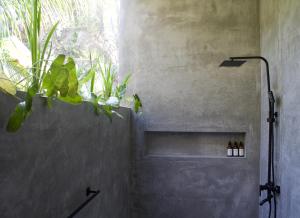 a bathroom with a shower with bottles of alcohol on a shelf at Dannys Madiha in Kamburugamuwa +64 photos