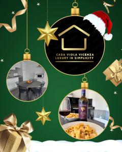 Een collage van kerstversieringen met een fles wijn. bij Casa Viola Vicenza - Free Parking & Comfort in Vicenza