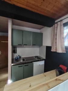een keuken met groene kasten en een aanrecht bij Appartement type chalet savoyard cosy in Aillon-le-Jeune