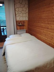 een bed in een kamer met een houten wand bij Appartement type chalet savoyard cosy in Aillon-le-Jeune
