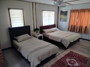 two beds in a room with two windows and a rug at Tokpa Tokma's Haven in Jertih