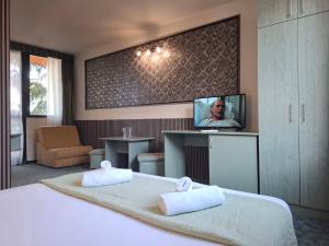 une chambre avec un lit et une télévision sur un mur dans l'établissement Korona Hotel, à Blagoevgrad