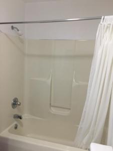 Villa Inn Motel في Fort Atkinson: حمام مع ستارة دش وحوض استحمام