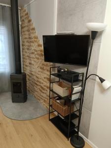 een televisie op een standaard in een kamer met een open haard bij Pod orzechem in Osieki