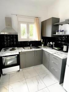 una cucina con armadi grigi, lavandino e piano cottura di Livikon seaside a Keratokampos