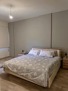 een slaapkamer met een groot bed met een witte muur bij Haven46 