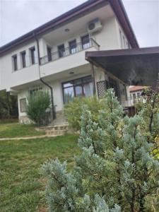 een huis met een dennenboom ervoor bij Бадевски рай-къща Любов in Badevtsi