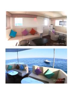 two pictures of a living room on a boat at Ocean Pearl in Filitheyo