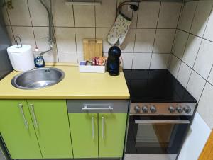 a small kitchen with green cabinets and a sink at Apartman 32 in Inđija