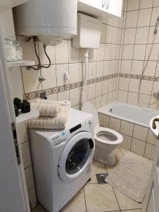 a bathroom with a washing machine and a toilet at Apartman 32 in Inđija
