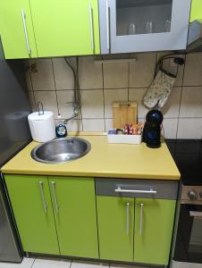 een keuken met groene kasten en een spoelbak bij Apartman 32 in Inđija +1 foto