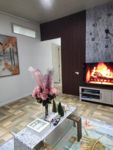 un salon avec une cheminée et une télévision dans l'établissement MakutuBnB, Nadi, à Nadi 8 autres photos