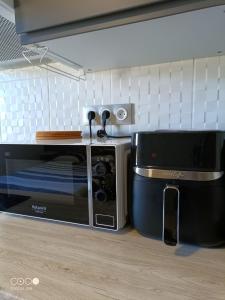 eine Mikrowelle und ein Toaster in einer Küche in der Unterkunft Studio 1 Classe 2, Fibre, Netflix in Moirans-en-Montagne