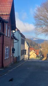 an empty street in a small town with houses at Ski Alm - Ferienunterkunft in Zella-Mehlis