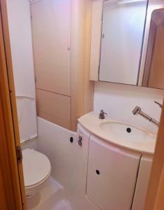 a small bathroom with a toilet and a sink at catamaran yatch tour in Göcek +4 photos