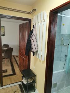 een badkamer met een douche, een bad en een deur bij Mala Sirena in Bukorovac