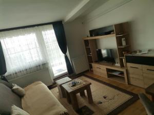 een woonkamer met een bank, een tv en een tafel bij Mala Sirena in Bukorovac