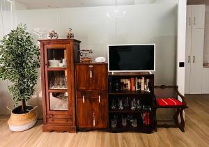 ein Wohnzimmer mit einem TV und einem Bücherregal in der Unterkunft Estudio Vandelvira in Baeza