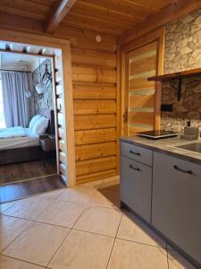 a kitchen in a log cabin with a bedroom at Chata u Wozniaka in Kościelisko +59 photos