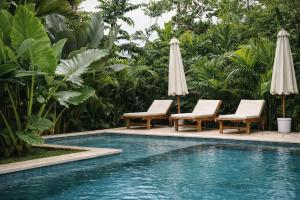 a pool with two chairs and two umbrellas at Jungle Bungalows in Kuta Lombok