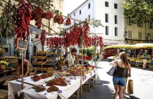 een groep mensen die rond een openluchtmarkt lopen bij Le Coeur de L'Isle, Cosy, Hypercentre, Clim, Wifi, TV, Netflix in LʼIsle-sur-la-Sorgue