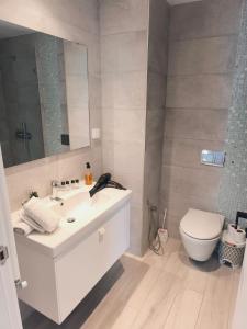 ein Badezimmer mit Waschbecken, Toilette und Spiegel in der Unterkunft Jade Luxury Apartment La Marsa in Dar el Haj Ahmed Souid