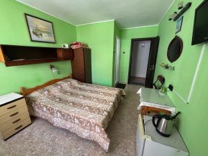 a bedroom with green walls and a bed and a desk at Dom Lidiya in Pomorie