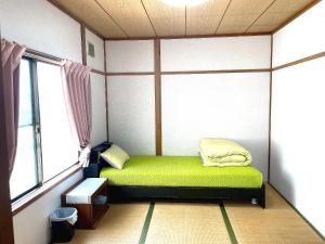 een kamer met een groen bed in een kamer met een raam bij オイソ in Iiyama