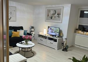 een woonkamer met een bank en een tv bij Ihr Zuhause am Dom Stilvoll übernachten im Herzen von Halberstadt in Halberstadt