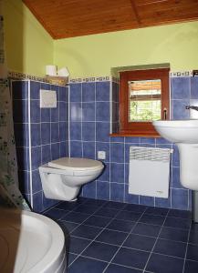 a blue tiled bathroom with a toilet and a sink at Chata Dominika - Tále in Bystrá +22 photos