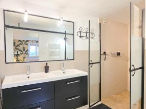 een badkamer met een wastafel en een spiegel en een douche bij Aux Berges Du Mont - Parking, 10 min Mont-Saint-Michel & Jardin in Pontorson +21 foto's