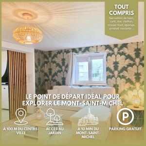 een poster voor een meubelwinkel met een kroonluchter bij Aux Berges Du Mont - Parking, 10 min Mont-Saint-Michel & Jardin in Pontorson