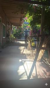 een vrouw die met een hangmat over een veranda loopt bij Homestay Dat Phu in Tuy Hoa