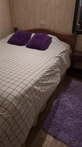 a bed with purple pillows on top of it at Departamento interior, con estacionamiento in Panguipulli