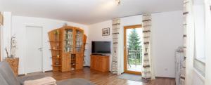 a living room with a tv and a window at Hauser Hof Grübl in Waldkirchen
