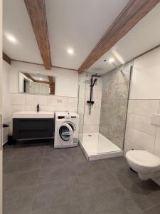 bagno con lavatrice e doccia di Zentrale Erbendorfer Studiowohnung a Erbendorf