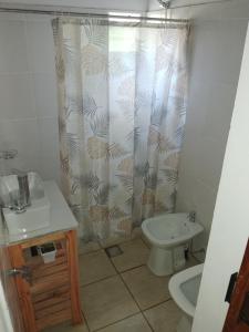ein Badezimmer mit Waschbecken, Toilette und Duschvorhang in der Unterkunft Depto Calamuchita Rumipal in Villa Rumipal + 1 Foto