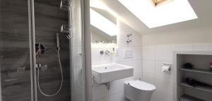 un bagno bianco con lavandino e doccia di Haus Luise a Bad Hindelang
