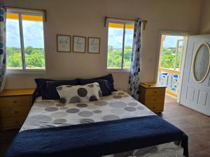 a bedroom with a bed with blue sheets and windows at Cozy Hill Vista in Micoud