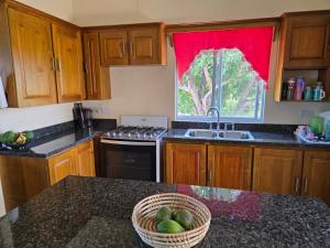 a kitchen with a basket of fruit on a counter at Cozy Hill Vista in Micoud